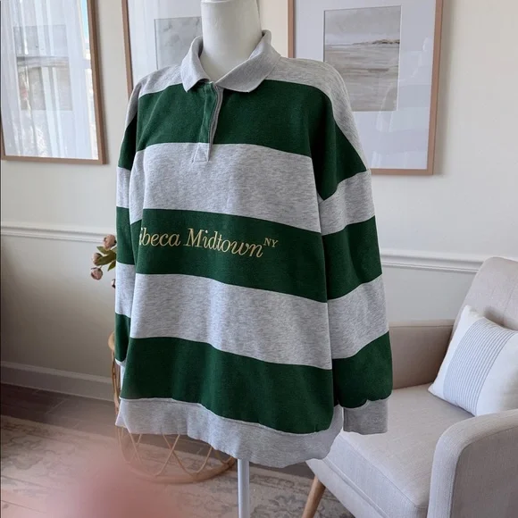 ZARA Tribeca Midtown NY Rugby Polo Sweatshirt Green Gray Striped Oversized - Picture 4 of 15